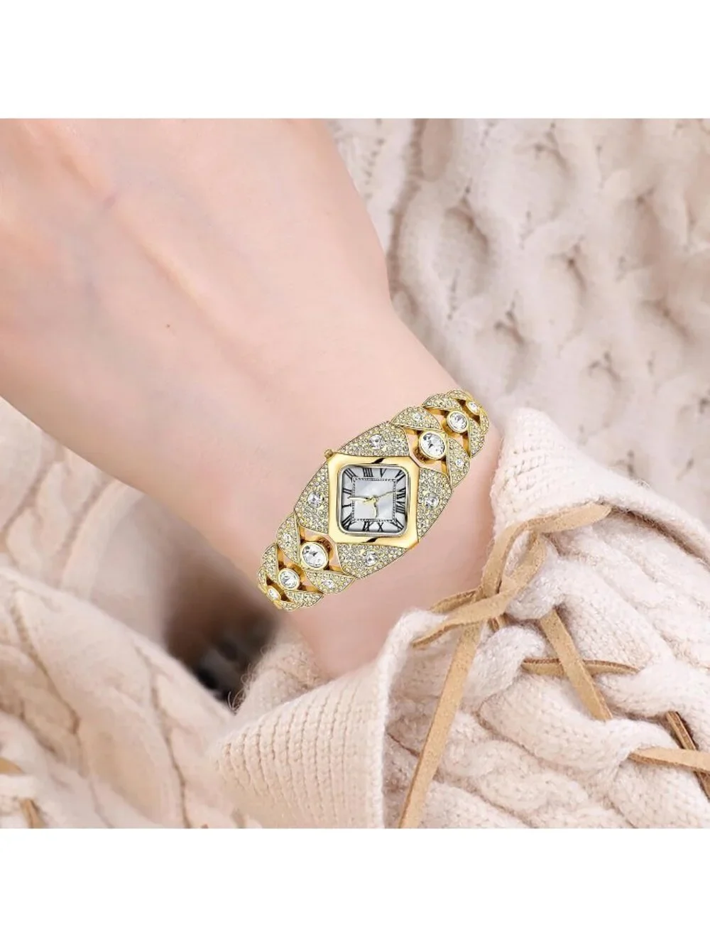 Women's Gold White Rhombic Square Rhinestone Bracelet Roman Numerals Dial Watch